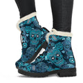 Teal Sugar Skull Flower Pattern Print Faux Fur Leather Boots