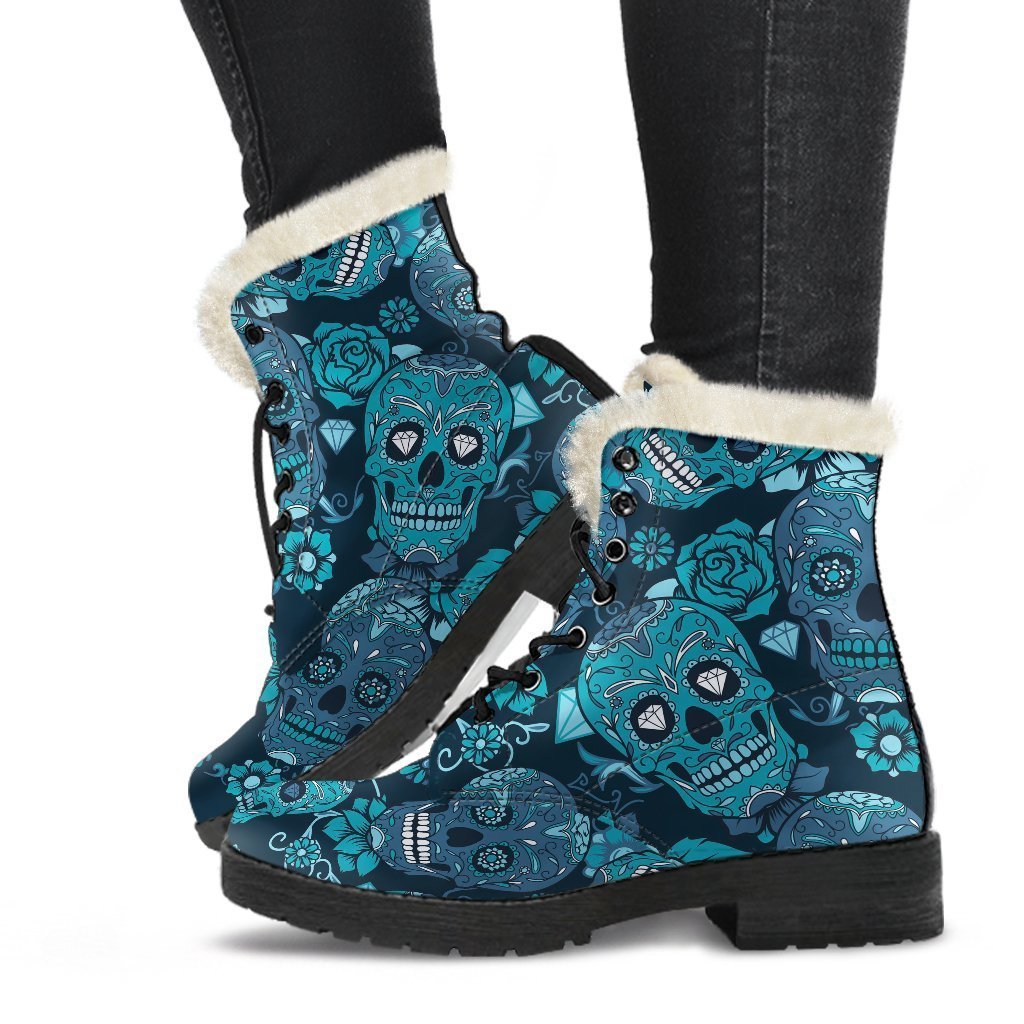 Teal Sugar Skull Flower Pattern Print Comfy Boots GearFrost