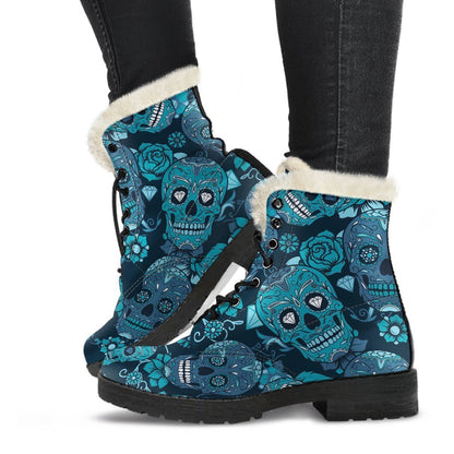 Teal Sugar Skull Flower Pattern Print Comfy Boots GearFrost