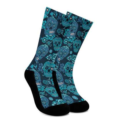 Teal Sugar Skull Flower Pattern Print Crew Socks