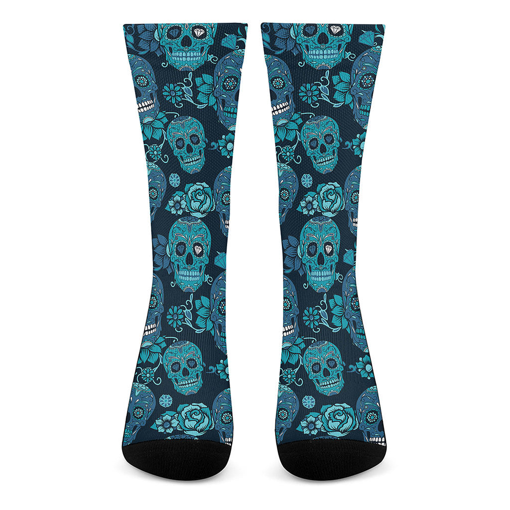 Teal Sugar Skull Flower Pattern Print Crew Socks