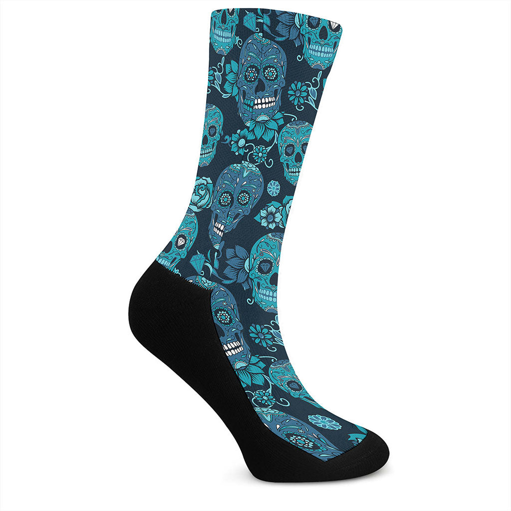 Teal Sugar Skull Flower Pattern Print Crew Socks