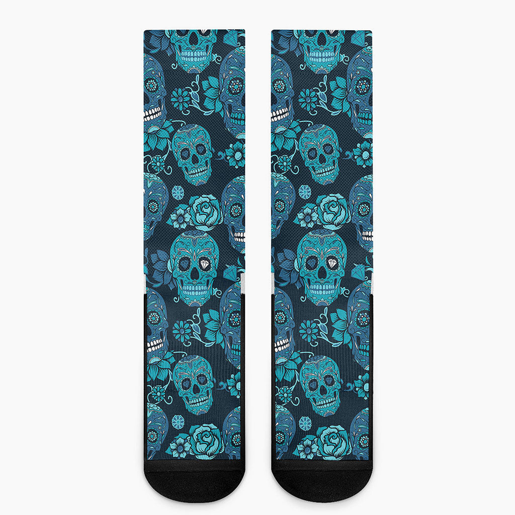 Teal Sugar Skull Flower Pattern Print Crew Socks