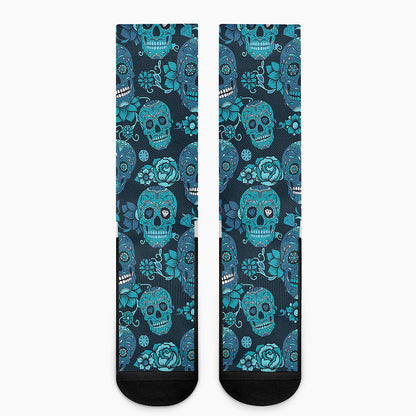 Teal Sugar Skull Flower Pattern Print Crew Socks