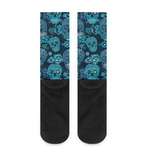 Teal Sugar Skull Flower Pattern Print Crew Socks