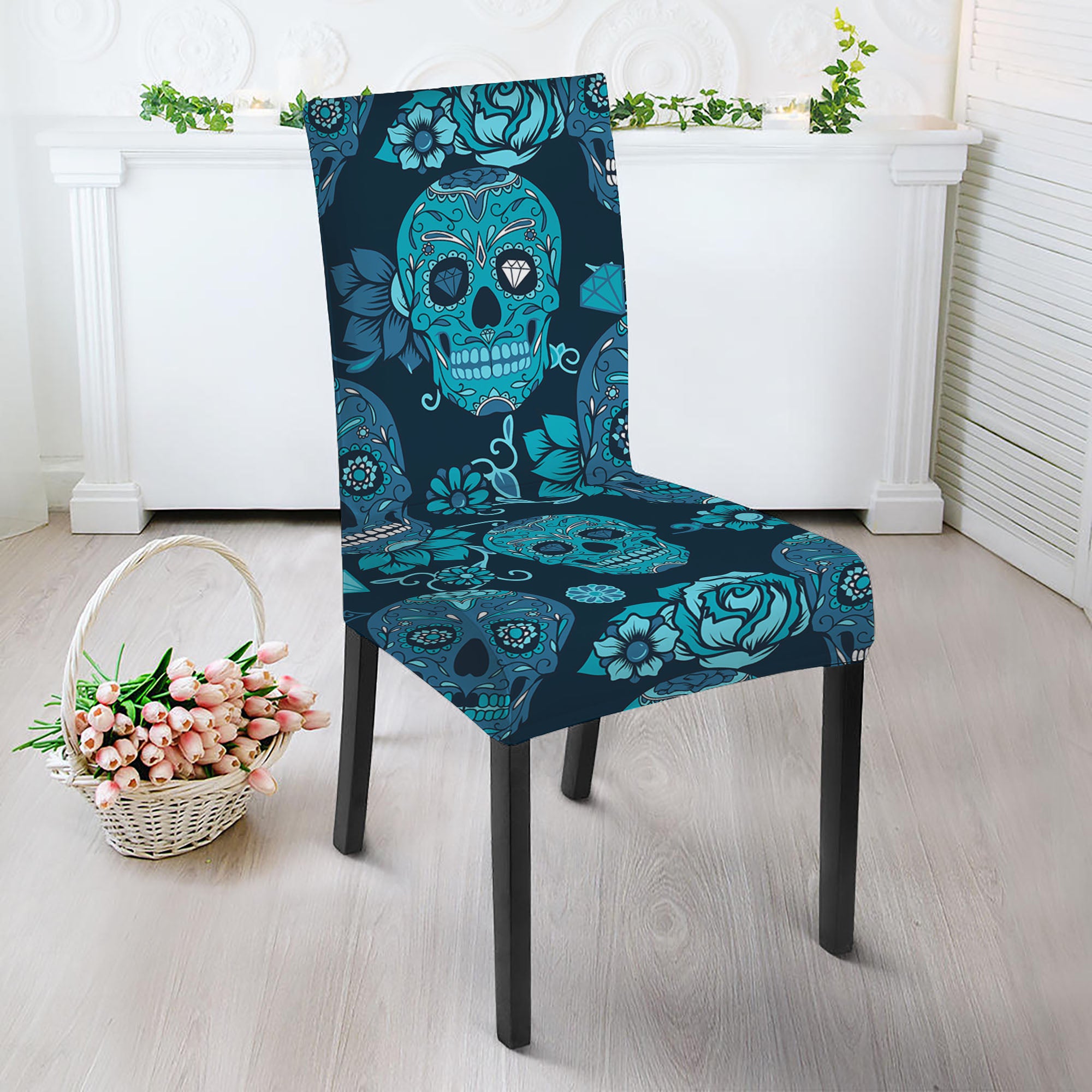 Teal Sugar Skull Flower Pattern Print Dining Chair Slipcover