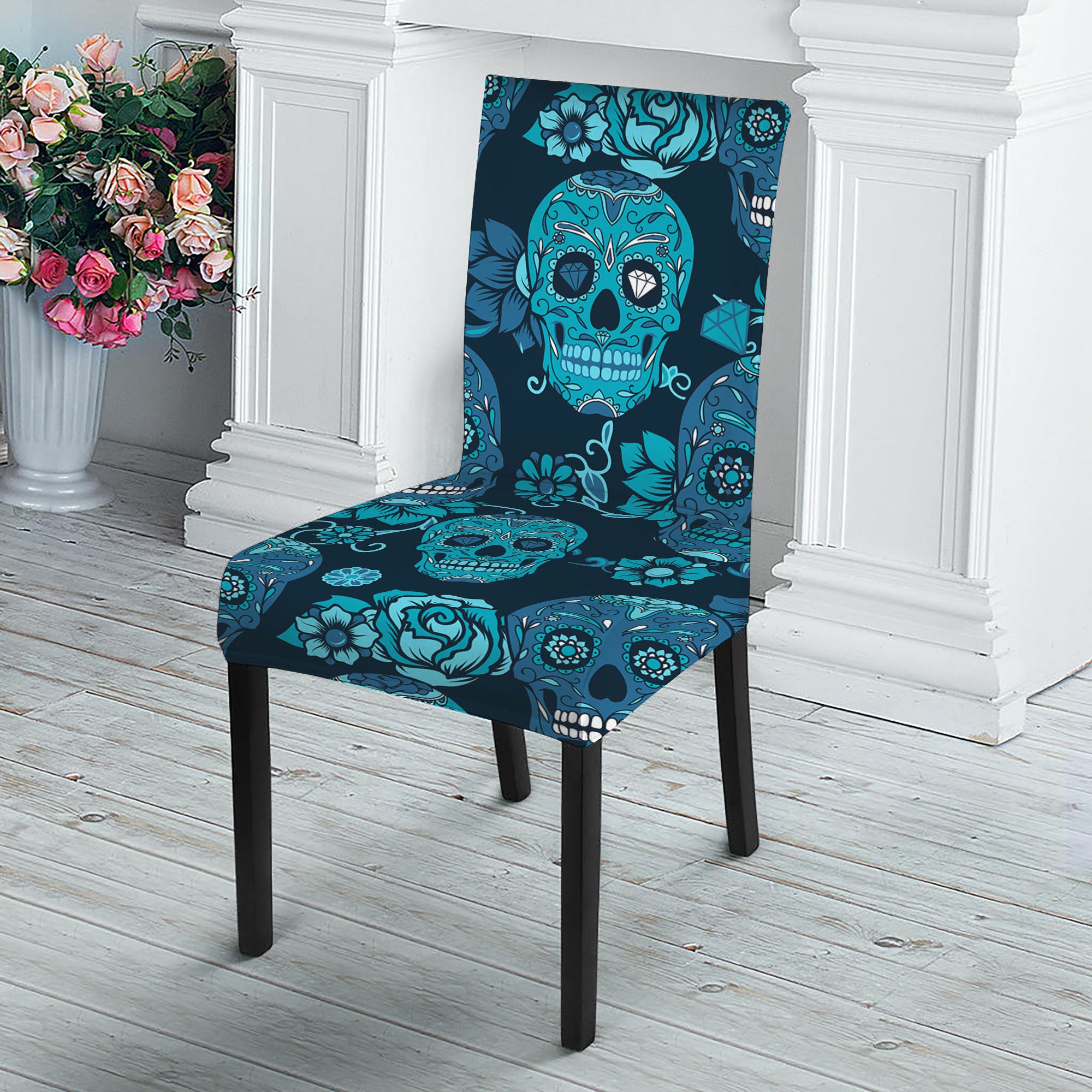 Teal Sugar Skull Flower Pattern Print Dining Chair Slipcover