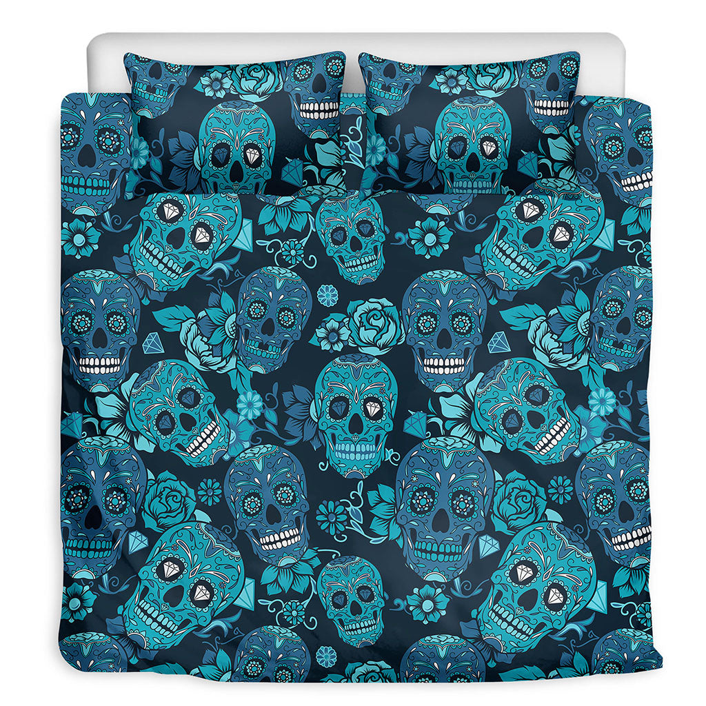 Teal Sugar Skull Flower Pattern Print Duvet Cover Bedding Set