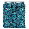 Teal Sugar Skull Flower Pattern Print Duvet Cover Bedding Set