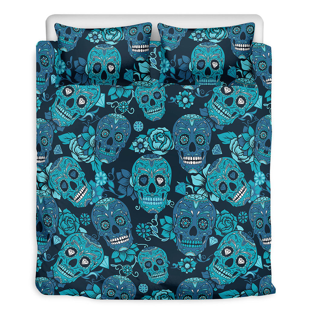 Teal Sugar Skull Flower Pattern Print Duvet Cover Bedding Set