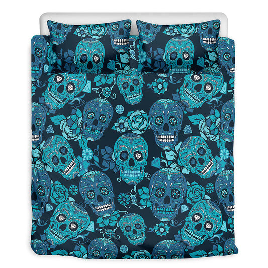 Teal Sugar Skull Flower Pattern Print Duvet Cover Bedding Set