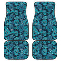 Teal Sugar Skull Flower Pattern Print Front and Back Car Floor Mats
