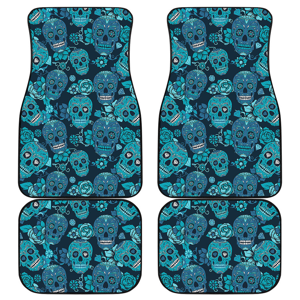 Teal Sugar Skull Flower Pattern Print Front and Back Car Floor Mats