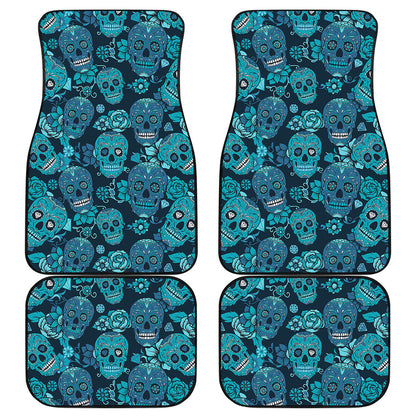 Teal Sugar Skull Flower Pattern Print Front and Back Car Floor Mats