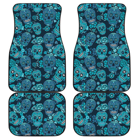 Teal Sugar Skull Flower Pattern Print Front and Back Car Floor Mats