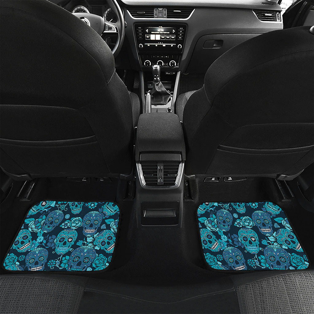 Teal Sugar Skull Flower Pattern Print Front and Back Car Floor Mats