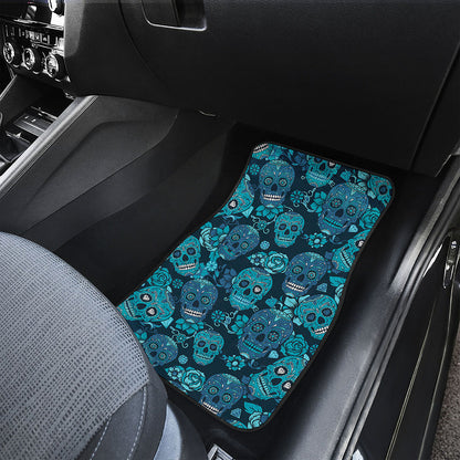 Teal Sugar Skull Flower Pattern Print Front and Back Car Floor Mats