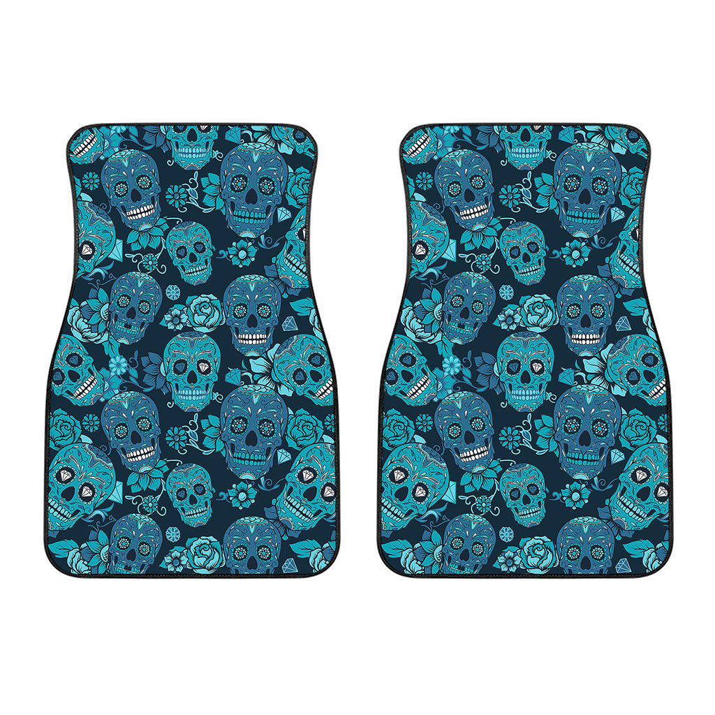 Teal Sugar Skull Flower Pattern Print Front Car Floor Mats