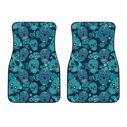 Teal Sugar Skull Flower Pattern Print Front Car Floor Mats