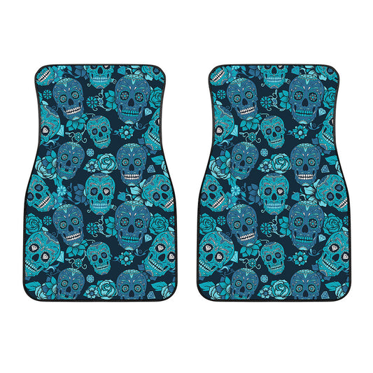 Teal Sugar Skull Flower Pattern Print Front Car Floor Mats