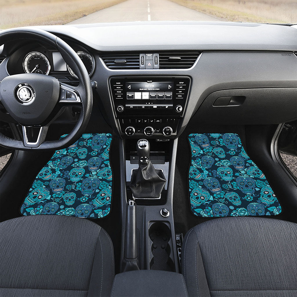 Teal Sugar Skull Flower Pattern Print Front Car Floor Mats