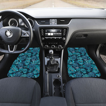 Teal Sugar Skull Flower Pattern Print Front Car Floor Mats