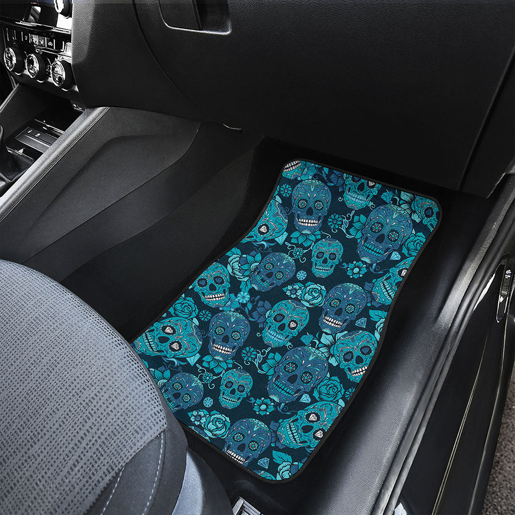 Teal Sugar Skull Flower Pattern Print Front Car Floor Mats