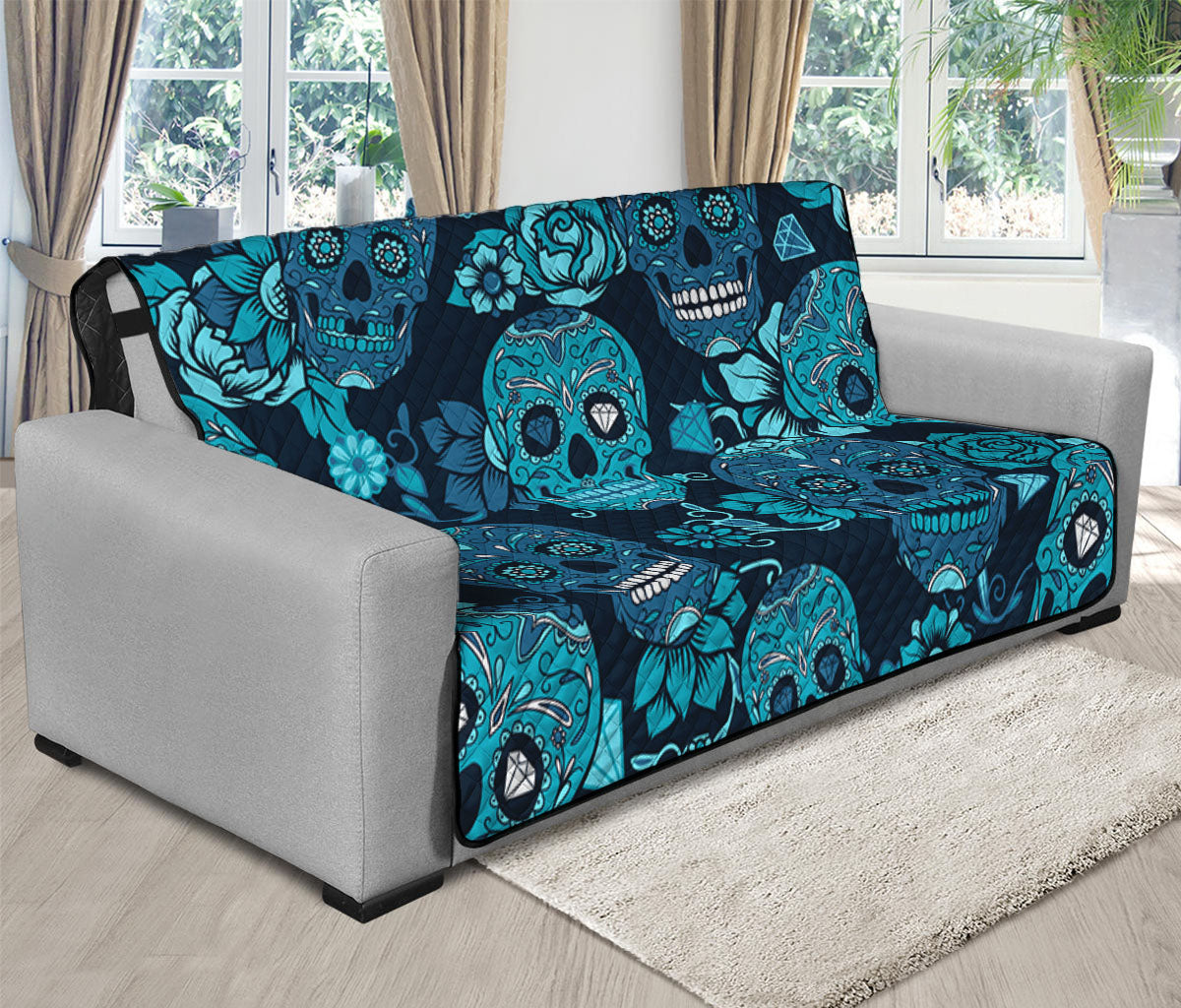 Teal Sugar Skull Flower Pattern Print Futon Protector