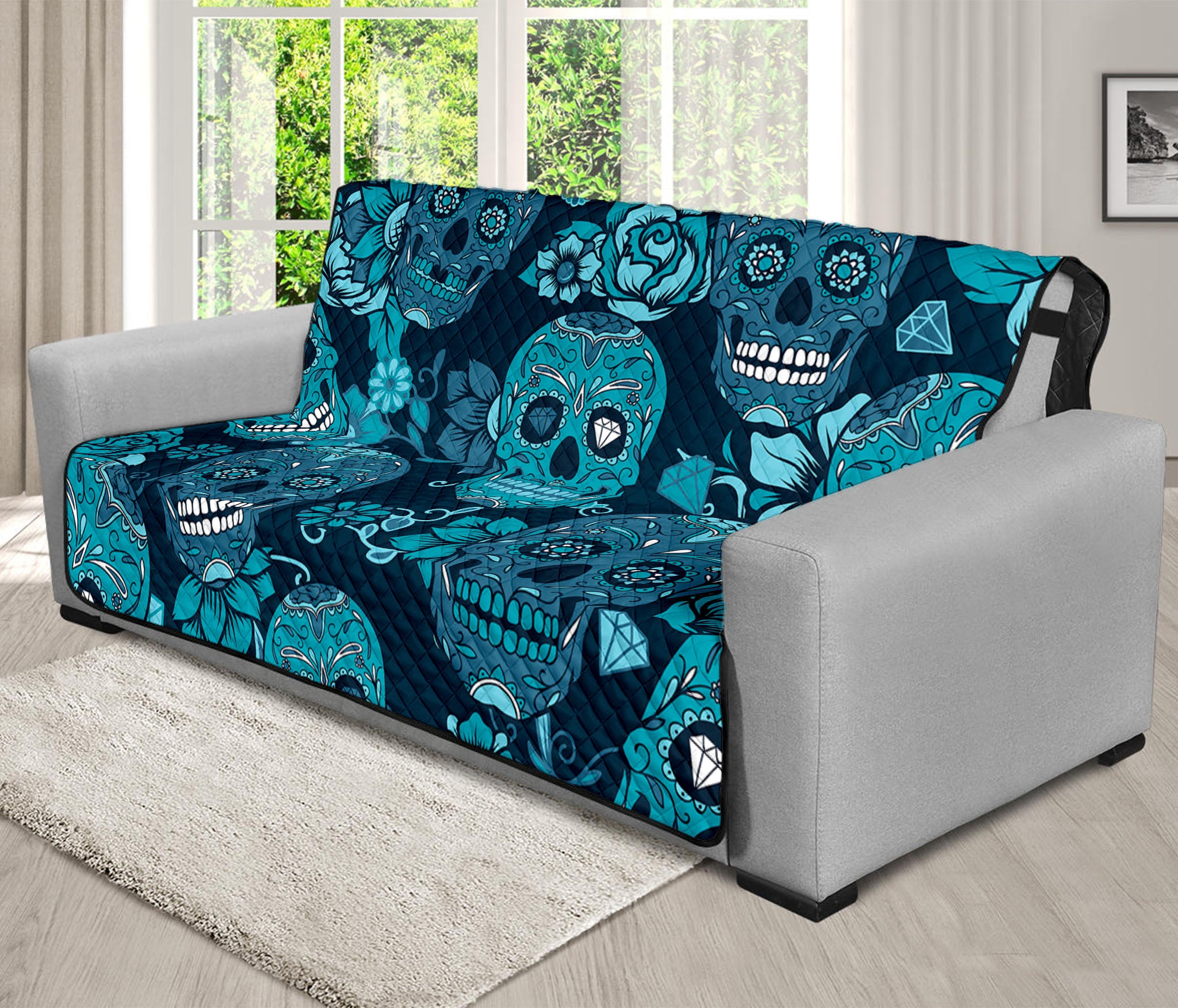 Teal Sugar Skull Flower Pattern Print Futon Protector