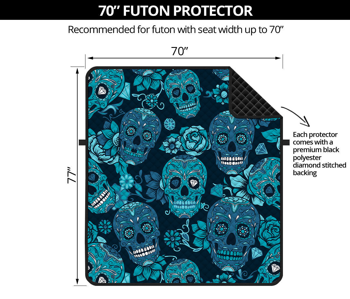 Teal Sugar Skull Flower Pattern Print Futon Protector