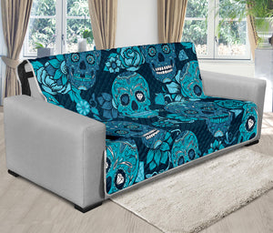 Teal Sugar Skull Flower Pattern Print Futon Protector