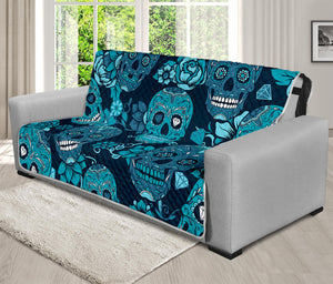 Teal Sugar Skull Flower Pattern Print Futon Protector