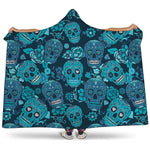 Teal Sugar Skull Flower Pattern Print Hooded Blanket