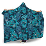 Teal Sugar Skull Flower Pattern Print Hooded Blanket