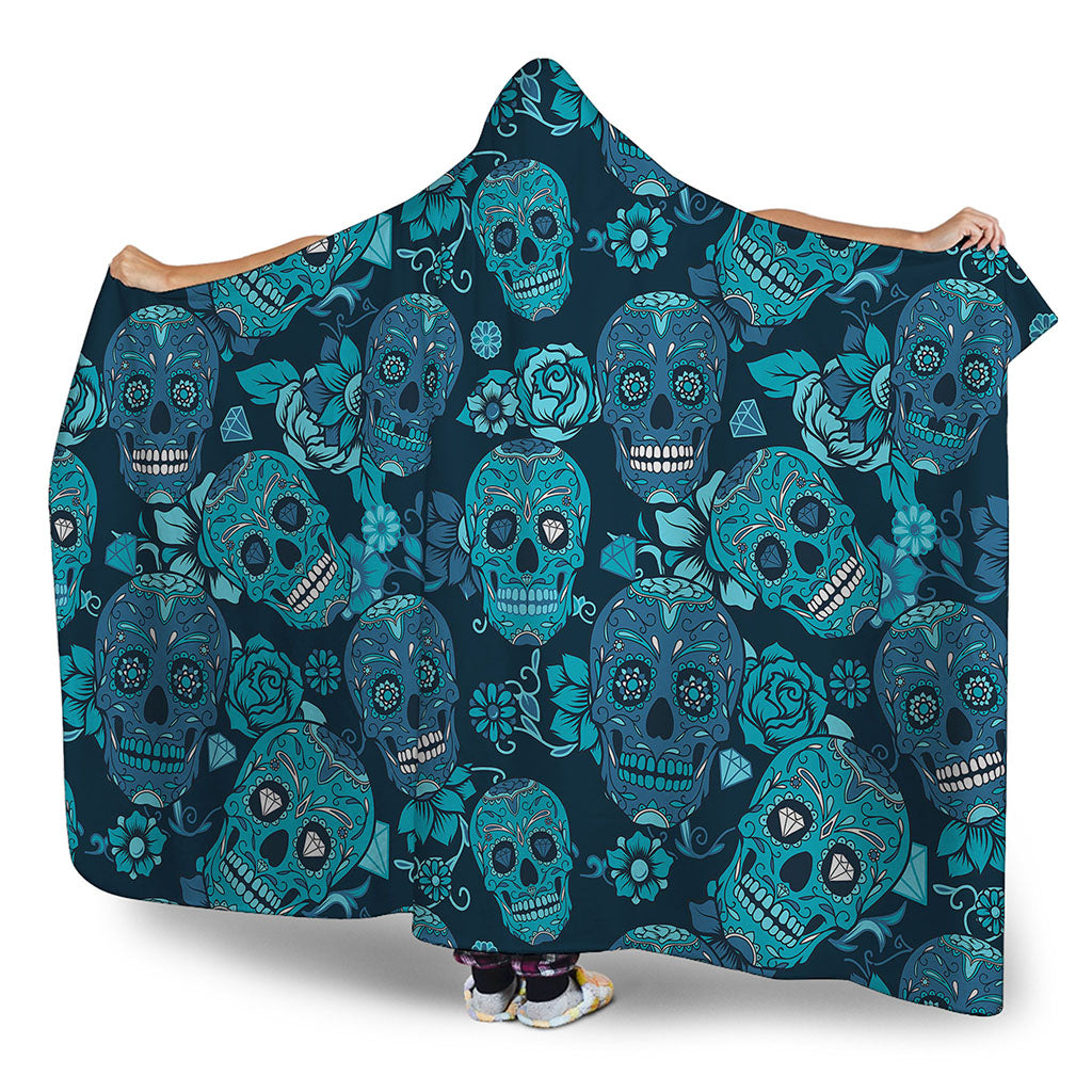 Teal Sugar Skull Flower Pattern Print Hooded Blanket