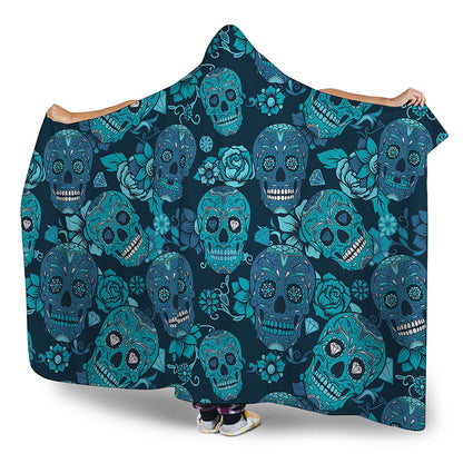 Teal Sugar Skull Flower Pattern Print Hooded Blanket