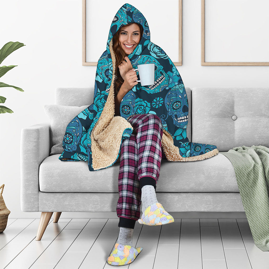 Teal Sugar Skull Flower Pattern Print Hooded Blanket