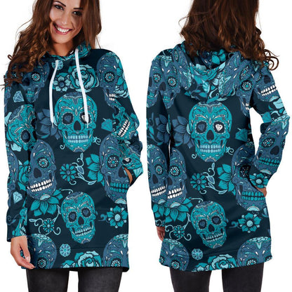 Teal Sugar Skull Flower Pattern Print Hoodie Dress GearFrost