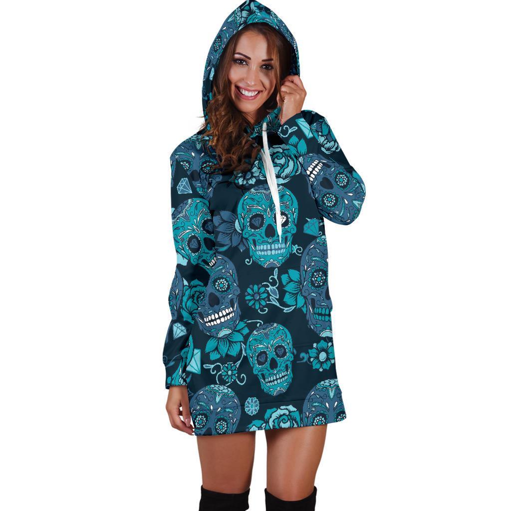 Teal Sugar Skull Flower Pattern Print Hoodie Dress GearFrost