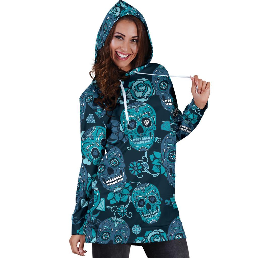 Teal Sugar Skull Flower Pattern Print Hoodie Dress GearFrost