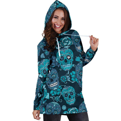 Teal Sugar Skull Flower Pattern Print Hoodie Dress GearFrost