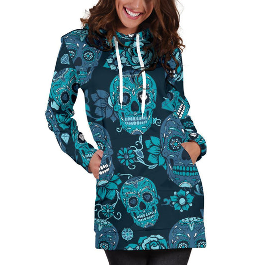 Teal Sugar Skull Flower Pattern Print Hoodie Dress GearFrost