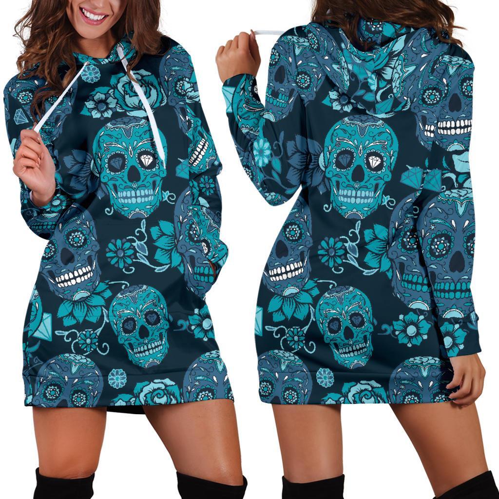 Teal Sugar Skull Flower Pattern Print Hoodie Dress GearFrost