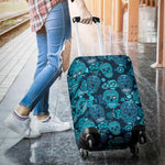 Teal Sugar Skull Flower Pattern Print Luggage Cover GearFrost