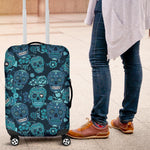 Teal Sugar Skull Flower Pattern Print Luggage Cover GearFrost