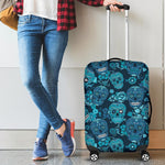 Teal Sugar Skull Flower Pattern Print Luggage Cover GearFrost