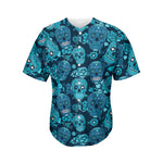 Teal Sugar Skull Flower Pattern Print Men's Baseball Jersey