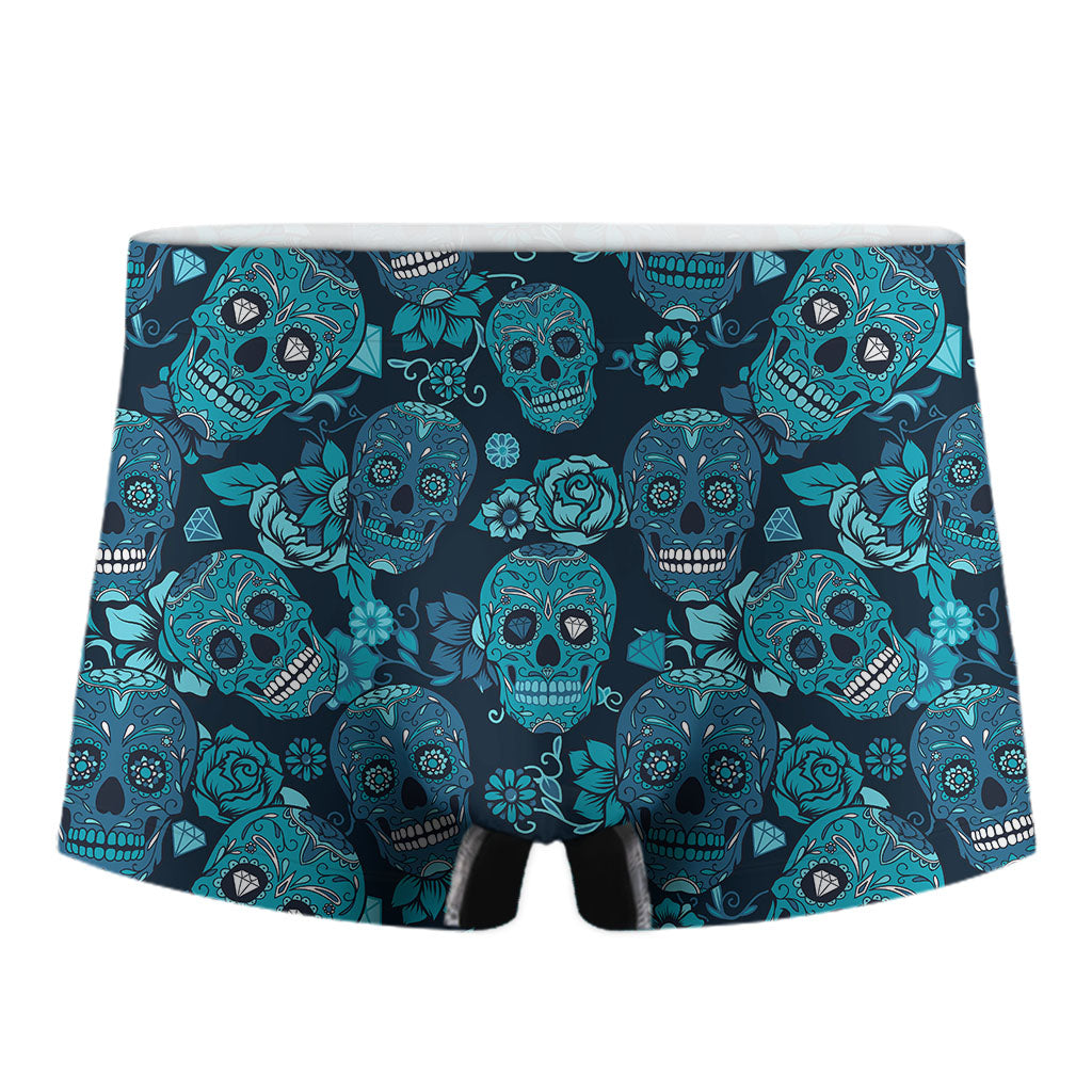 Teal Sugar Skull Flower Pattern Print Men's Boxer Briefs