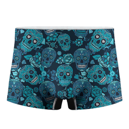 Teal Sugar Skull Flower Pattern Print Men's Boxer Briefs