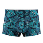 Teal Sugar Skull Flower Pattern Print Men's Boxer Briefs